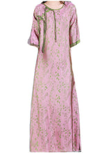 Load image into Gallery viewer, Jacquard Pink O-Neck Print Button Silk Long Dress Half Sleeve