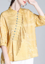 Load image into Gallery viewer, Jacquard Yellow Stand Collar Button Silk Shirt Long Sleeve