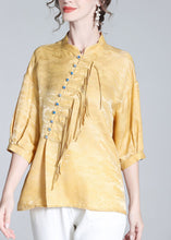 Load image into Gallery viewer, Jacquard Yellow Stand Collar Button Silk Shirt Long Sleeve