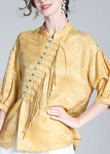 Load image into Gallery viewer, Jacquard Yellow Stand Collar Button Silk Shirt Long Sleeve