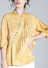 Load image into Gallery viewer, Jacquard Yellow Stand Collar Button Silk Shirt Long Sleeve