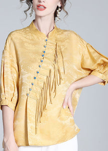 Jacquard Yellow Stand Collar Button Silk Shirt Long Sleeve