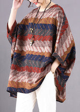 Load image into Gallery viewer, Khaki Print Linen Shirt O-Neck Oversized Batwing Sleeve