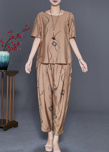 Khaki Print Linen Two Pieces Set Low High Design Summer