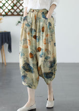 Load image into Gallery viewer, Khaki Print Pockets Patchwork Linen Crop Pants Cinched Summer