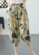 Load image into Gallery viewer, Khaki Print Pockets Patchwork Linen Crop Pants Cinched Summer