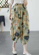 Load image into Gallery viewer, Khaki Print Pockets Patchwork Linen Crop Pants Cinched Summer