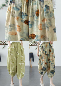 Khaki Print Pockets Patchwork Linen Crop Pants Cinched Summer