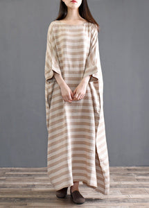 Khaki Striped Patchwork Oversized Cotton Long Dresses O-Neck Half Sleeve