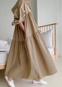 Khaki Wrinkled Cotton Dresses Oversized Exra Large Hem Lantern Sleeve