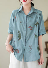 Load image into Gallery viewer, Lake Blue Cotton Shirt Peter Pan Collar Embroideried Summer