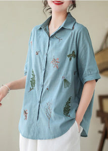 Lake Blue Cotton Shirt Peter Pan Collar Embroideried Summer