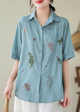 Load image into Gallery viewer, Lake Blue Cotton Shirt Peter Pan Collar Embroideried Summer