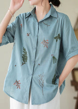 Load image into Gallery viewer, Lake Blue Cotton Shirt Peter Pan Collar Embroideried Summer