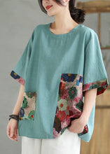 Load image into Gallery viewer, Lake Blue Print Patchwork Linen T Shirt Top O Neck Summer