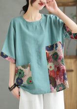 Load image into Gallery viewer, Lake Blue Print Patchwork Linen T Shirt Top O Neck Summer