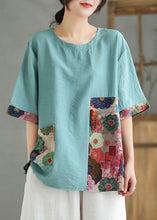 Load image into Gallery viewer, Lake Blue Print Patchwork Linen T Shirt Top O Neck Summer