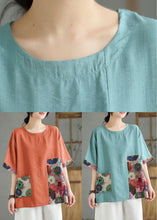 Load image into Gallery viewer, Lake Blue Print Patchwork Linen T Shirt Top O Neck Summer