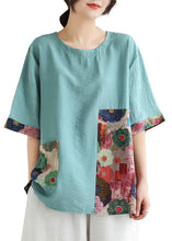 Load image into Gallery viewer, Lake Blue Print Patchwork Linen T Shirt Top O Neck Summer