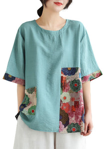 Lake Blue Print Patchwork Linen T Shirt Top O Neck Summer