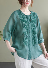 Load image into Gallery viewer, Lake Green Loose Linen Blouse Tops Embroideried Bracelet Sleeve