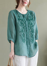 Load image into Gallery viewer, Lake Green Loose Linen Blouse Tops Embroideried Bracelet Sleeve