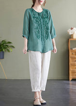 Load image into Gallery viewer, Lake Green Loose Linen Blouse Tops Embroideried Bracelet Sleeve