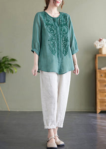 Lake Green Loose Linen Blouse Tops Embroideried Bracelet Sleeve