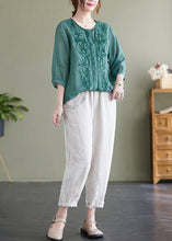 Load image into Gallery viewer, Lake Green Loose Linen Blouse Tops Embroideried Bracelet Sleeve