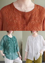 Load image into Gallery viewer, Lake Green Loose Linen Blouse Tops Embroideried Bracelet Sleeve