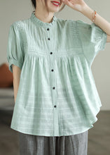 Load image into Gallery viewer, Light Green Patchwork Cotton Shirts Top Wrinkled Button Summer