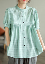 Load image into Gallery viewer, Light Green Patchwork Cotton Shirts Top Wrinkled Button Summer