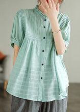 Load image into Gallery viewer, Light Green Patchwork Cotton Shirts Top Wrinkled Button Summer