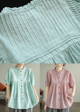 Load image into Gallery viewer, Light Green Patchwork Cotton Shirts Top Wrinkled Button Summer