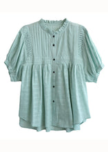 Load image into Gallery viewer, Light Green Patchwork Cotton Shirts Top Wrinkled Button Summer