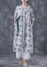 Load image into Gallery viewer, Light Grey Print Linen Long Dress V Neck Lace Up Summer