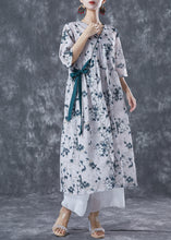 Load image into Gallery viewer, Light Grey Print Linen Long Dress V Neck Lace Up Summer