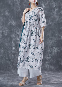 Light Grey Print Linen Long Dress V Neck Lace Up Summer