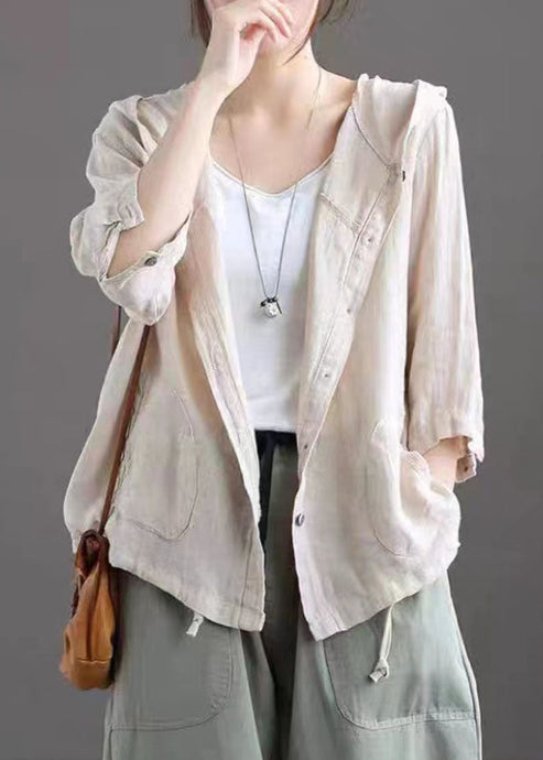 Light Khaki Pockets Patchwork Linen Hooded Coat Button Summer