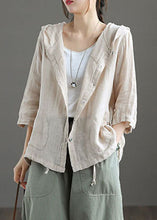 Load image into Gallery viewer, Light Khaki Pockets Patchwork Linen Hooded Coat Button Summer