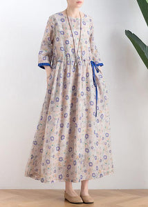 Literary small daisy mid-length dress waist ming 2021 new ramie printed skirt