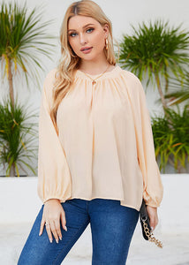 Loose Apricot O Neck Wrinkled Patchwork Chiffon Shirts Long Sleeve