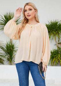 Loose Apricot O Neck Wrinkled Patchwork Chiffon Shirts Long Sleeve