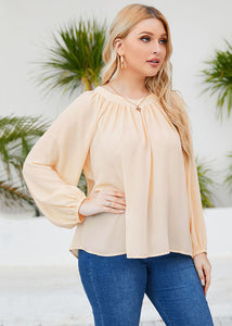 Loose Apricot O Neck Wrinkled Patchwork Chiffon Shirts Long Sleeve