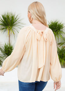 Loose Apricot O Neck Wrinkled Patchwork Chiffon Shirts Long Sleeve