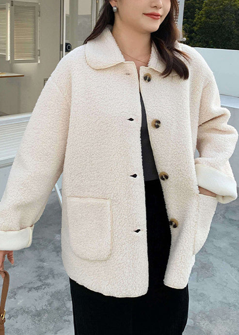 Loose Apricot Peter Pan Collar Pockets Patchwork Teddy Faux Fur Coats Fall