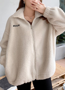 Loose Apricot Zippered Pockets Patchwork Teddy Faux Fur Coat Fall