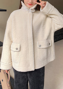 Loose Beige Zippered Pockets Pockets Patchwork Teddy Faux Fur Coats Fall