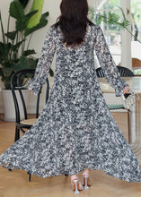 Load image into Gallery viewer, Loose Black Asymmetrical Print Chiffon Long Dresses Flare Sleeve