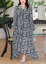 Load image into Gallery viewer, Loose Black Asymmetrical Print Chiffon Long Dresses Flare Sleeve